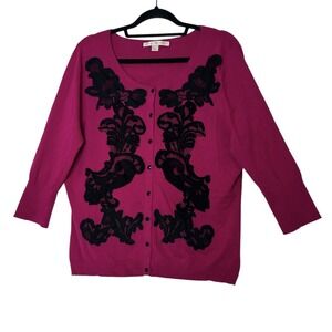 Boston Proper Sweater Top Women's XL Pink‎ Strech 3/4 Sleeve Button Up Career